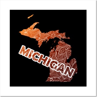 Colorful mandala art map of Michigan with text in brown and orange Posters and Art